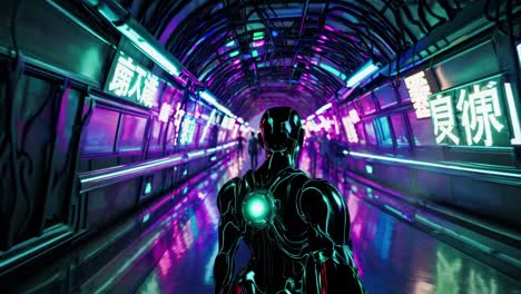 futuristic robot walking through a vibrant cyberpunk style neon tunnel, illuminated by colorful chinese signs, creating a mysterious and cinematic atmosphere in a digital illustration
