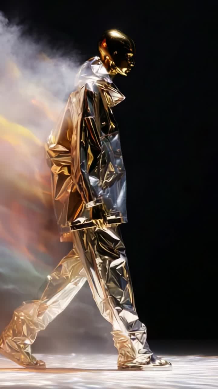 Un modello sorprendente mette in mostra un abbigliamento metallico futuristico, sfilando attraverso una nebbia eterea con una lucentezza dorata, incarnando uno stile all'avanguardia e un design innovativo