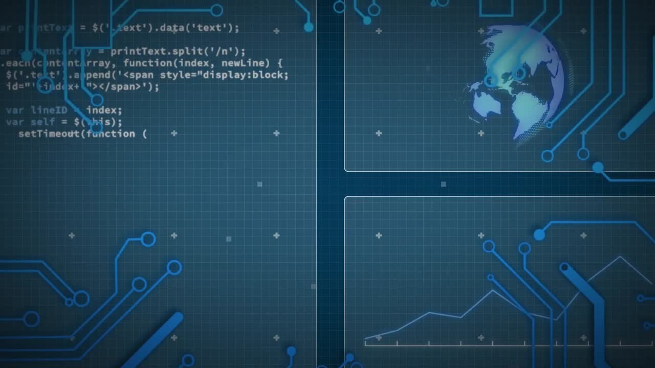 Animation of circuit board pattern, computer language and globe over blue background