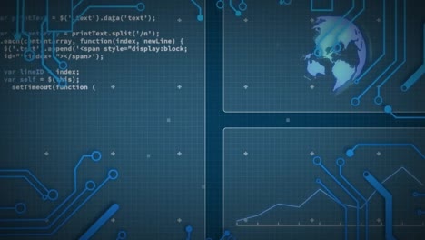 Animation-Von-Leiterplattenmuster,-Computersprache-Und-Globus-Auf-Blauem-Hintergrund