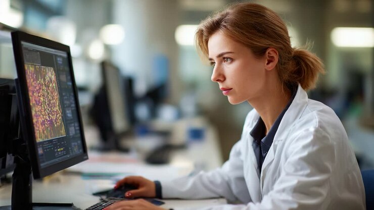 Focused Female Scientist Analyzing Data on Computer Screen in a Modern Laboratory Environment with Vibrant Microbial Imagery in the Background for Research Purposes