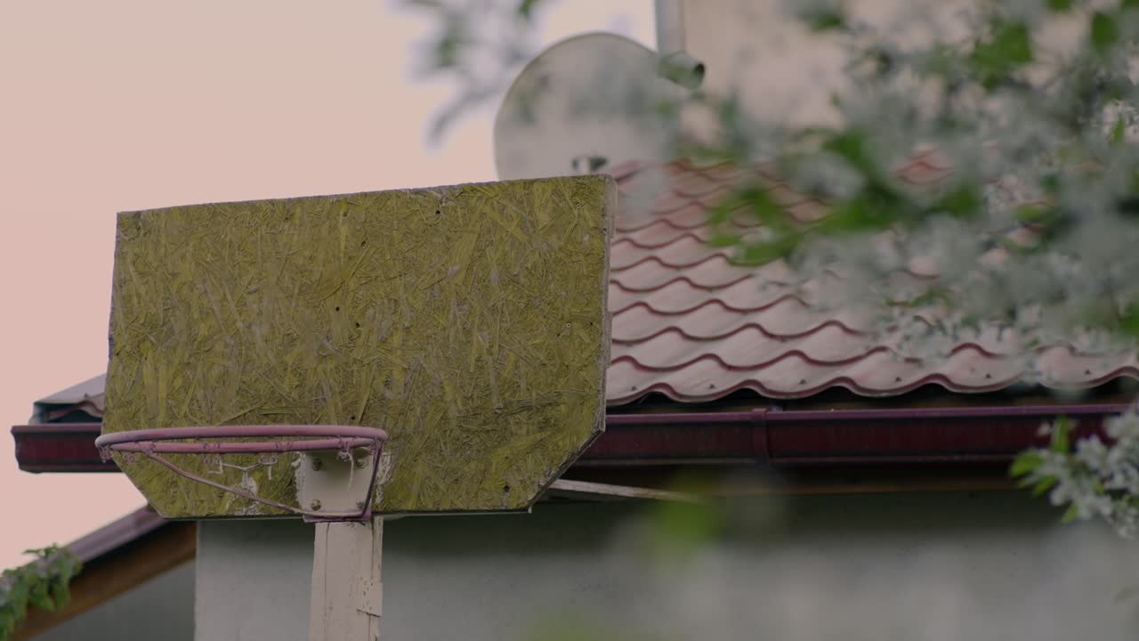 Rustic, weathered basketball hoop mounted on a wooden backboard, set against a background of a tiled roof and surrounding greenery. The hoop shows signs of aging, adding a nostalgic, outdoor feel.