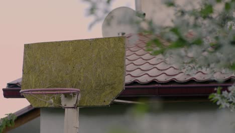 rustic, weathered basketball hoop mounted on a wooden backboard, set against a background of a tiled roof and surrounding greenery. the hoop shows signs of aging, adding a nostalgic, outdoor feel.