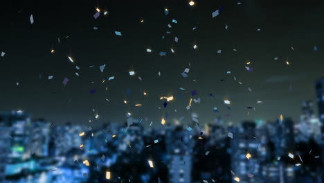 animatie van confetti en stadsbeeld op zwarte achtergrond