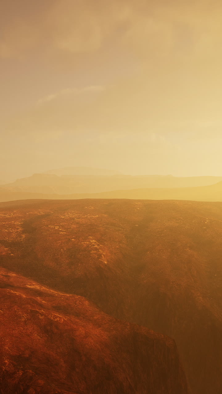 화성 해가 지는 풍경: 건조한 협곡과 바위 언덕