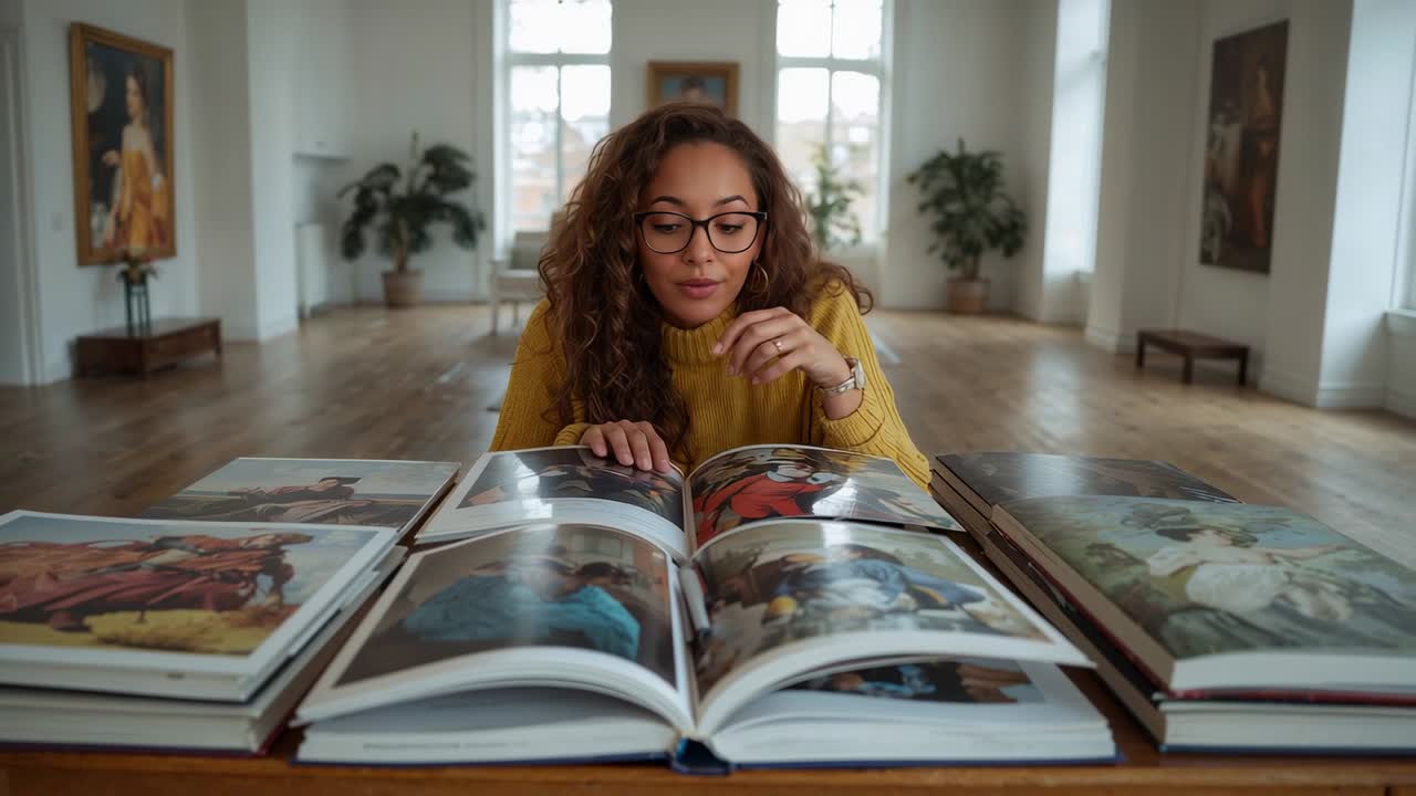 Eine Frau im senffarbenen Pullover, die an einem Galerietisch auf ein aufgeschlagenes Kunstbuch reagiert, mit drei Büchern
