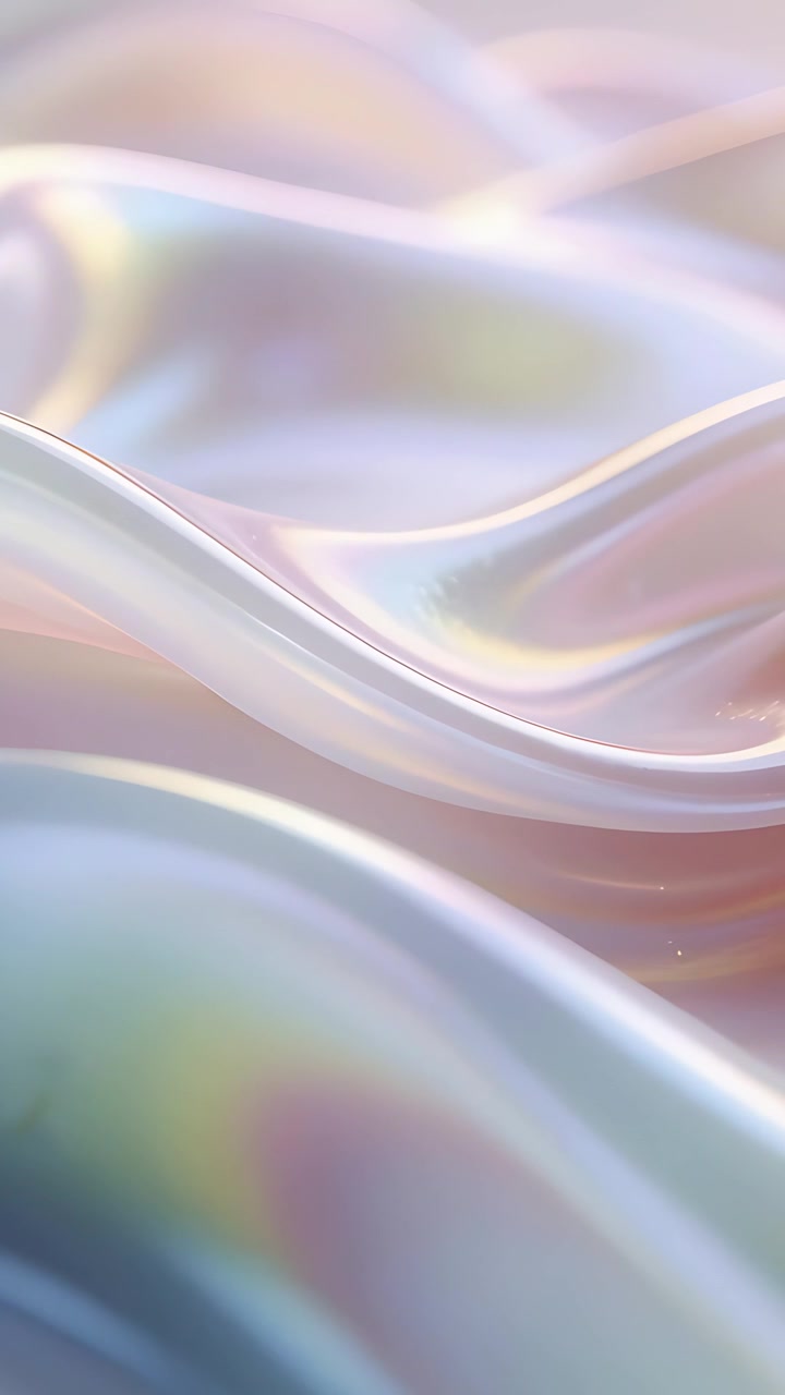 Video verticale: Superficie perlacea che reagisce alla luce mutevole, increspandosi in macro con un bagliore pastello.