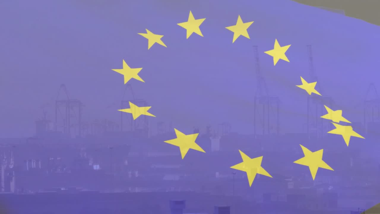 Una sovrapposizione blu rivela uno skyline nebbioso, con stelle gialle che emergono, ruotano e formano un motivo della bandiera dell'UE.