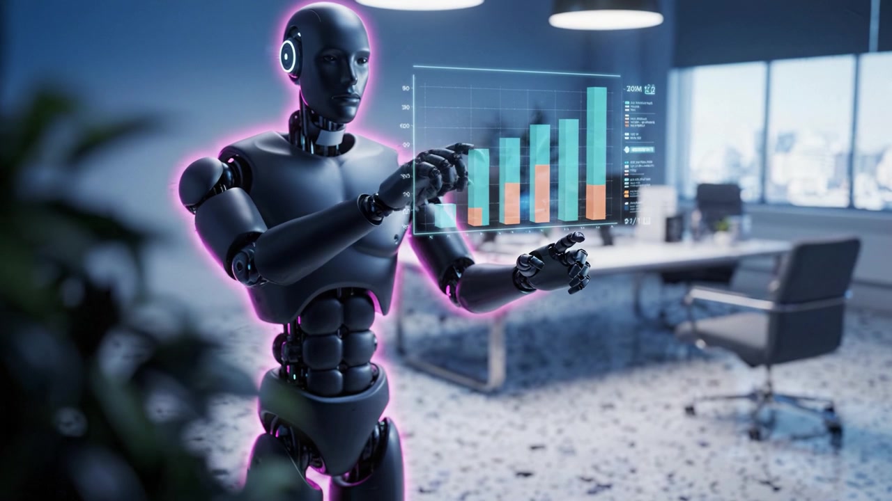 Un robot umanoide futuristico si trova in un moderno ambiente d'ufficio, mostrando tecnologia avanzata e interfacce digitali insieme ad analisi della produttività in mostra.