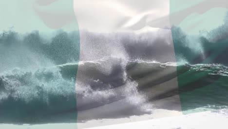 Animation-of-flag-of-nigeria-waving-over-crashing-waves-in-sea