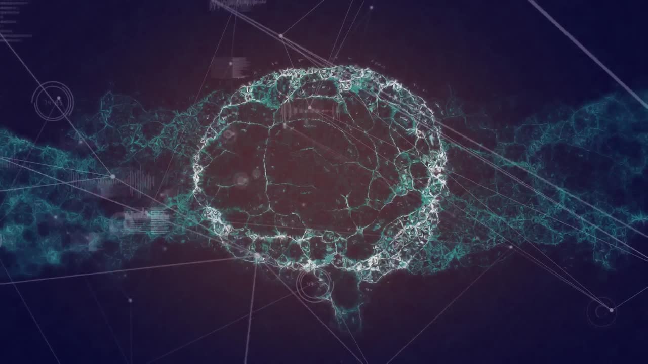 Animation of human brain, dna strand and networks of connections on blue background