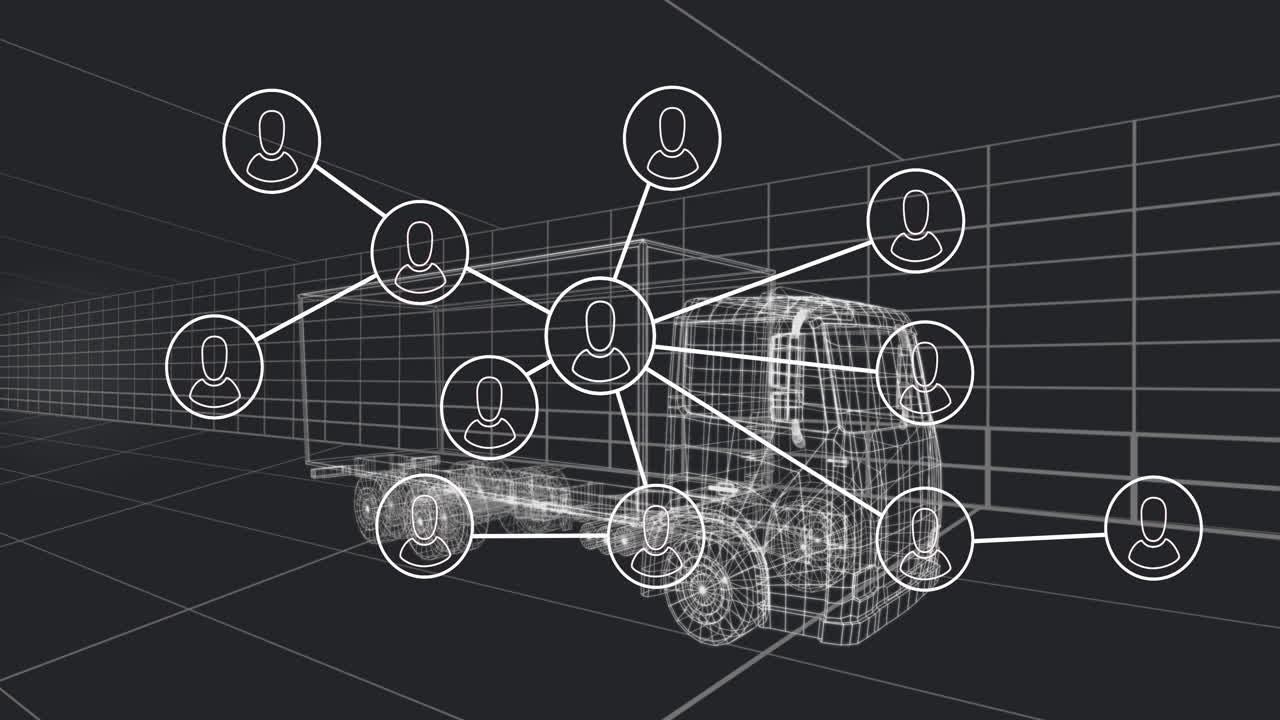 Network of connections and data processing animation over truck wireframe