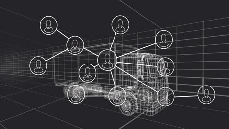 network of connections and data processing animation over truck wireframe