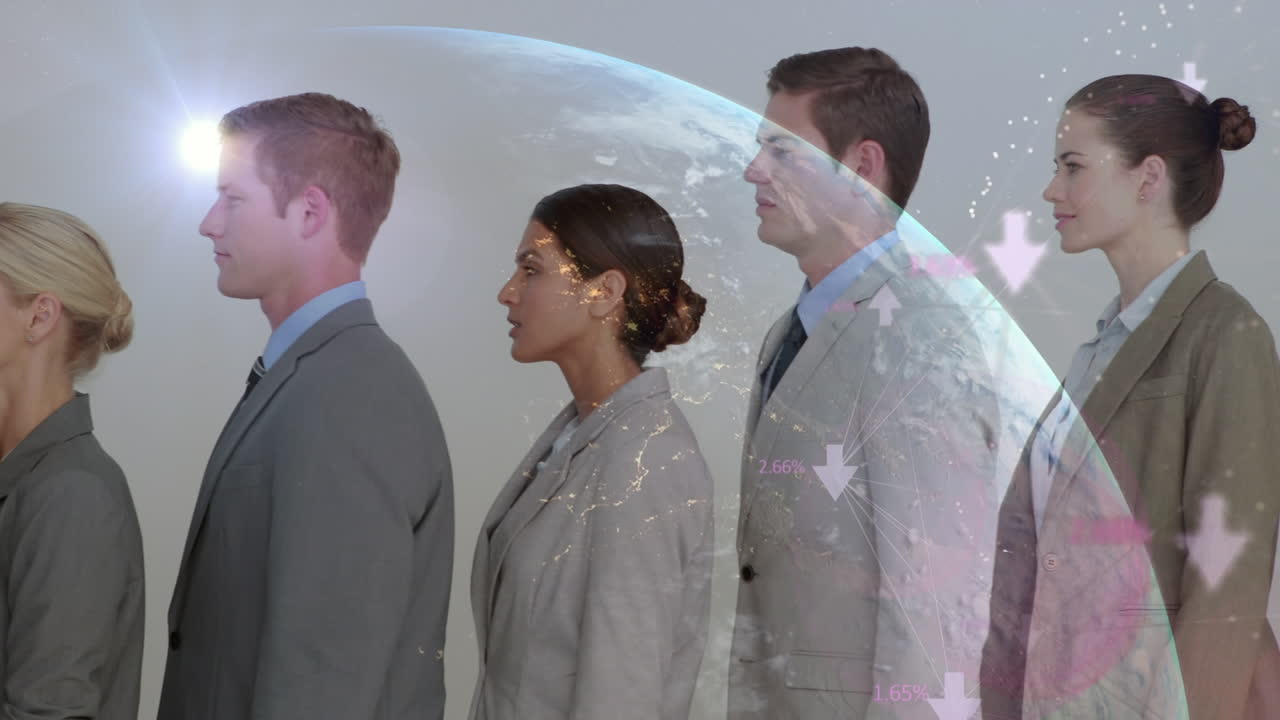 animación del globo y conexiones sobre diversos negocios de pie en fila