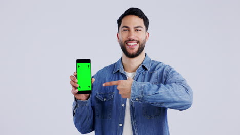 hombre feliz, cara o maqueta de pantalla verde en un teléfono
