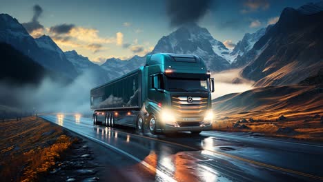 trucking along a scenic mountain road during early morning light
