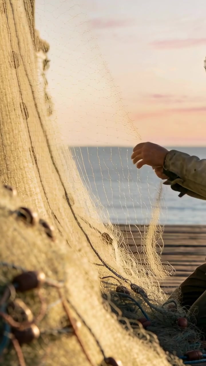 Video verticale: Una mano che entra mentre un uomo in giacca ripara una rete con boe su un molo per la pesca, spazio per il testo.