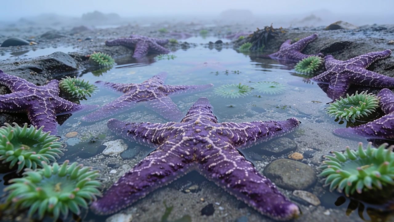 Dolly moving forward capturing central purple sea star in rocky tide pool, showing green anemones