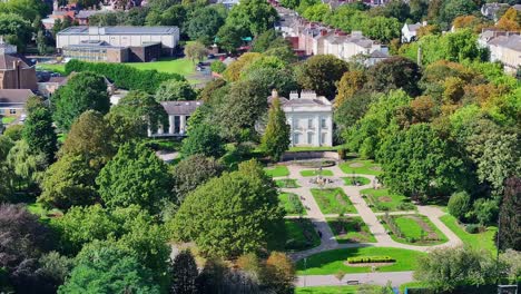 aerial pullback reveals stunning garden landscape of brodsworth hall, doncaster england