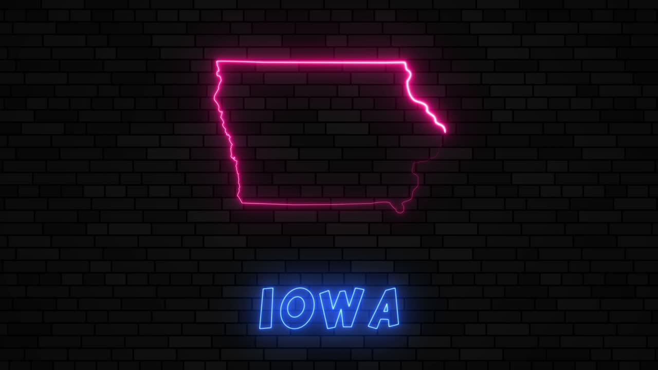 estado de iowa mapa silueta con línea de neón en un fondo de pared de ladrillo oscuro