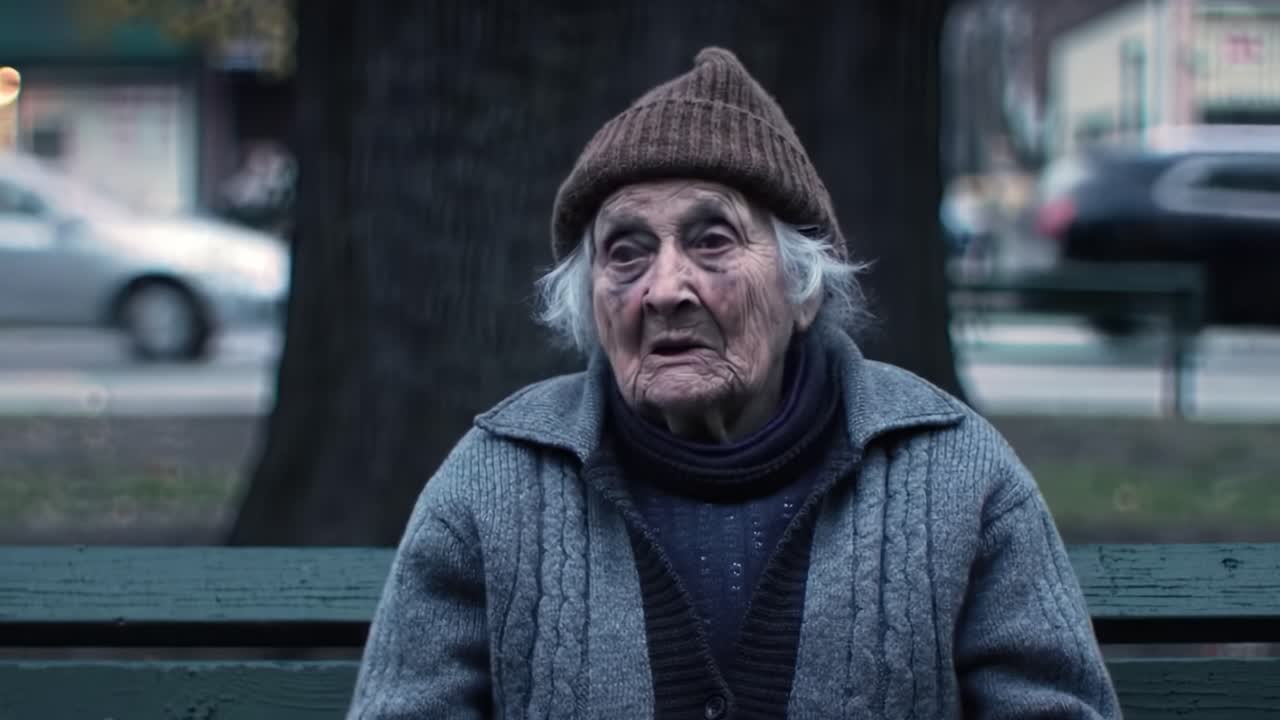 An elderly woman sits on a bench in a park, wearing a warm sweater and hat. She appears deep in thought, contemplating her life and memories as leaves fall around her during autumn.