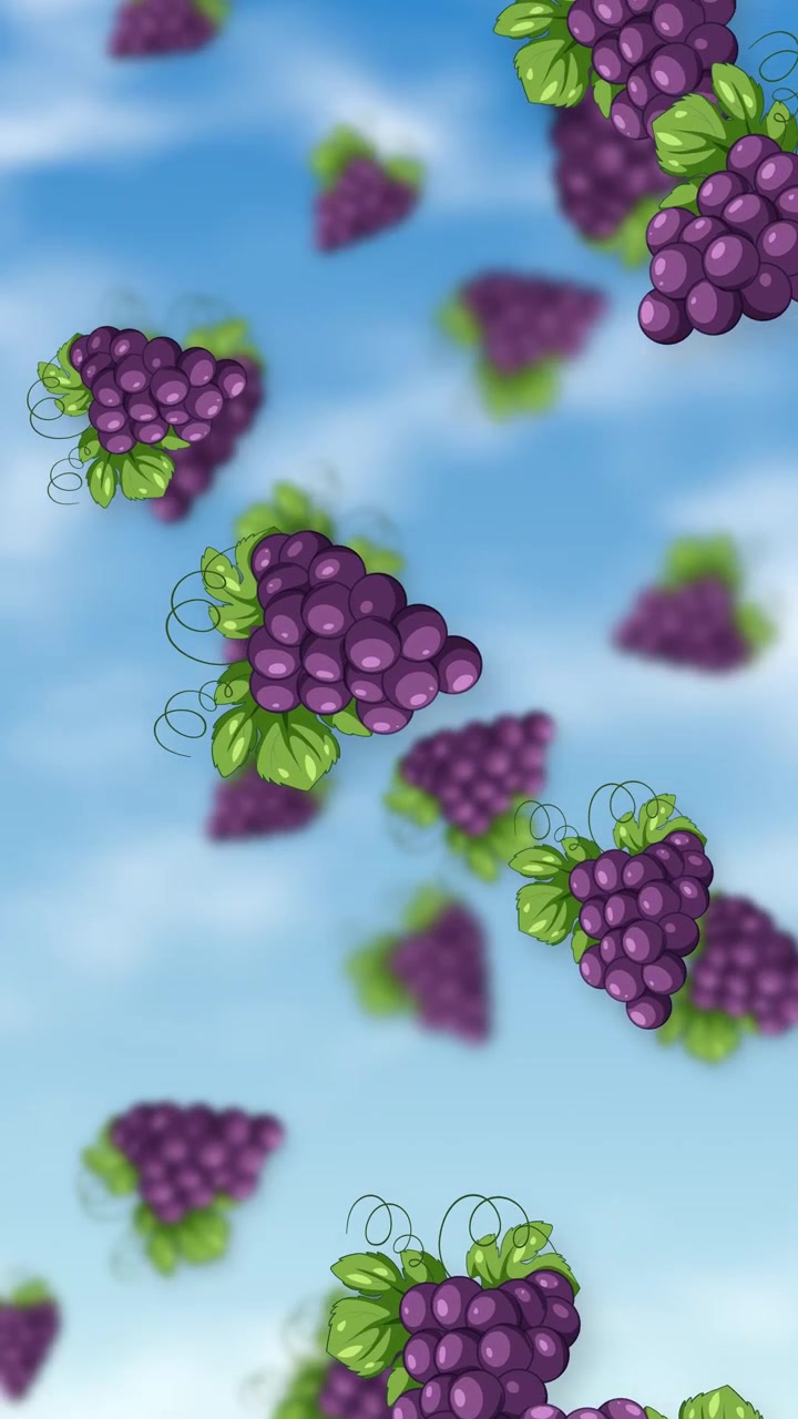 Grappoli d'uva viola in stile cartone animato cadono continuamente contro un cielo azzurro brillante con soffici nuvole bianche.