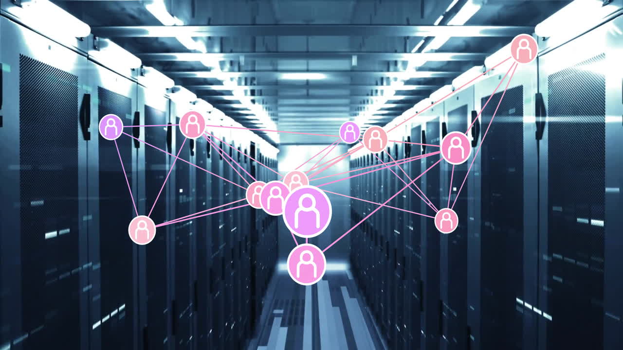 Network of connections and data processing animation over server room environment