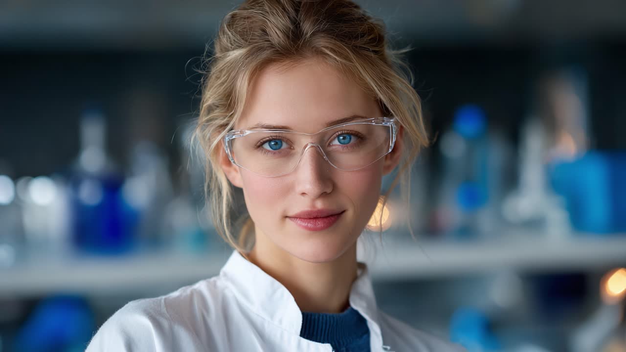 A confident young woman in protective eyewear stands in a modern laboratory, surrounded by scientific equipment and blue solutions, showcasing her dedication to research