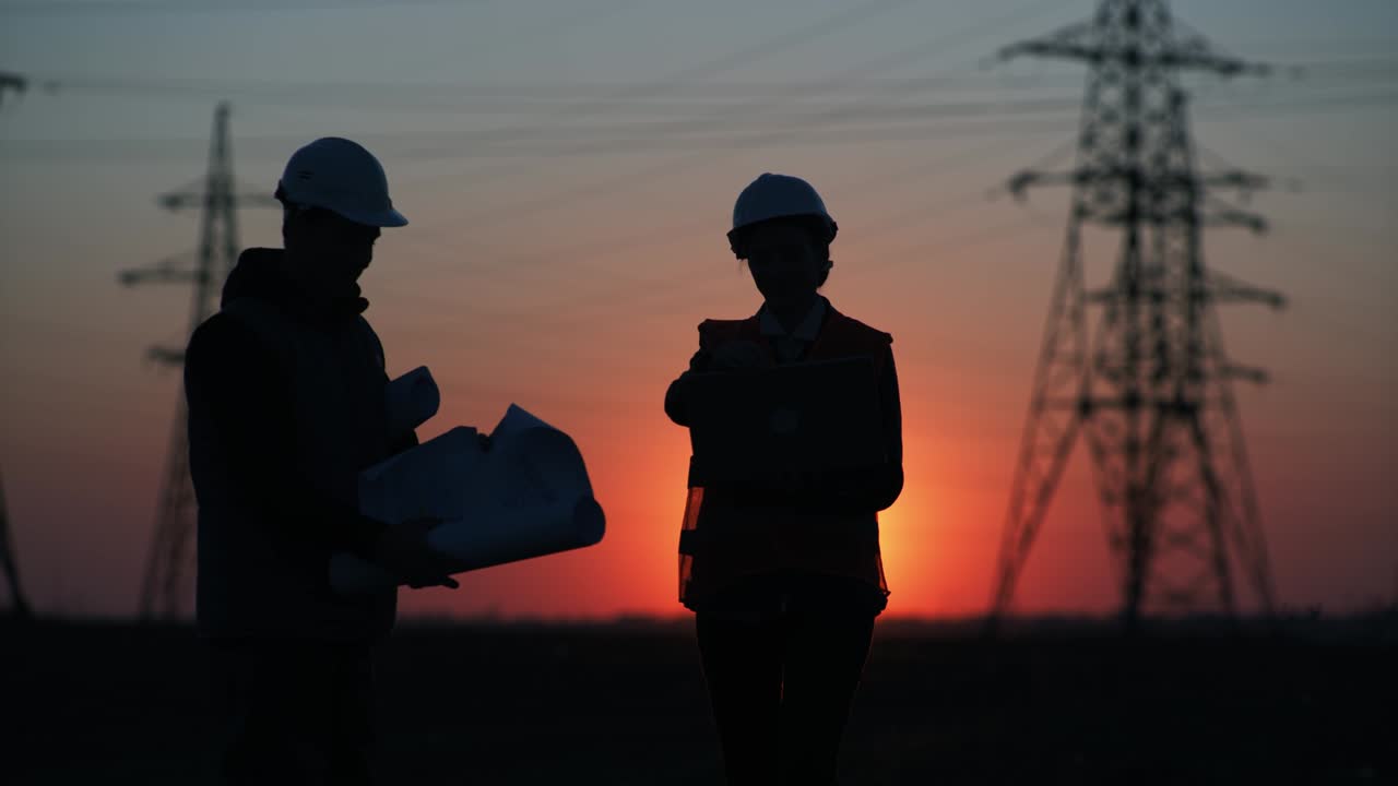 silhouette, group of engineers at a high-voltage power plant with a laptop and drawings shake hands with each other and discusses a plan for supply of electricity to city at sunset