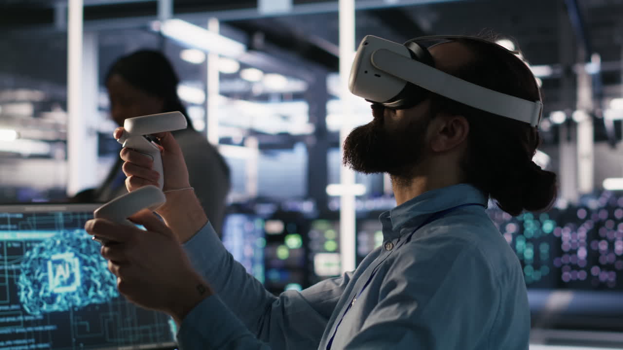 Vertical video Data center technician using VR headset to monitor neural networks