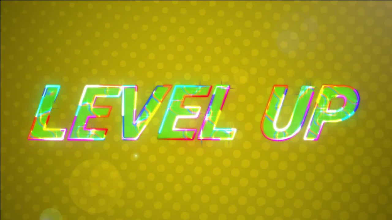 Animation of glowing level up text over pattern background