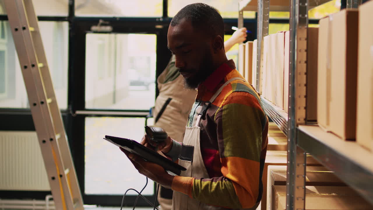 Warehouse worker using tablet to manage inventory