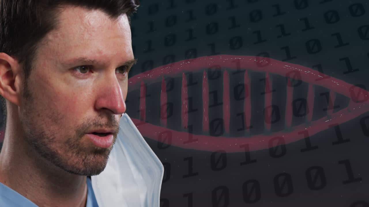 백인 남성 의사는 dna 구조 회전과 이진 코딩 데이터 처리에 반대합니다.