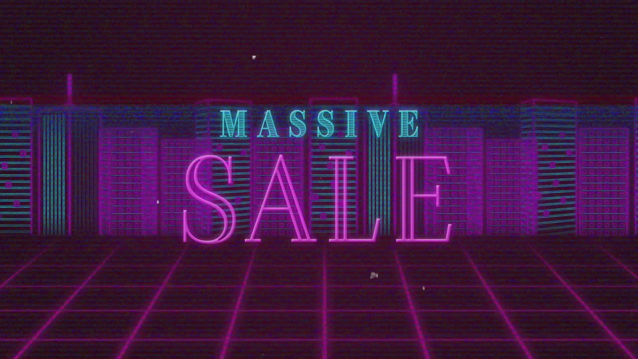 보라색 도시 풍경 위에 대규모 판매 텍스트의 애니메이션