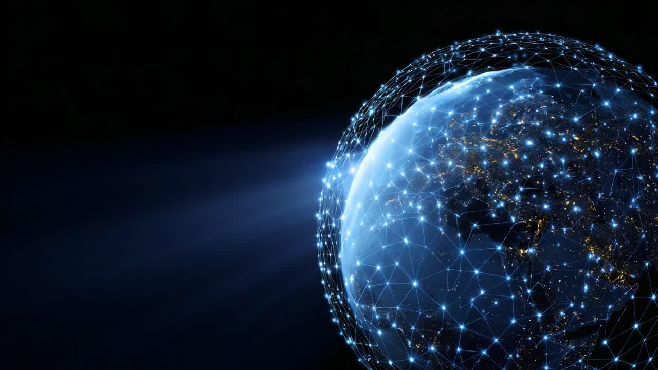 Illuminated Earth Model with Network Connections Representing Global Connectivity and Nighttime City Lights Against a Dark Background