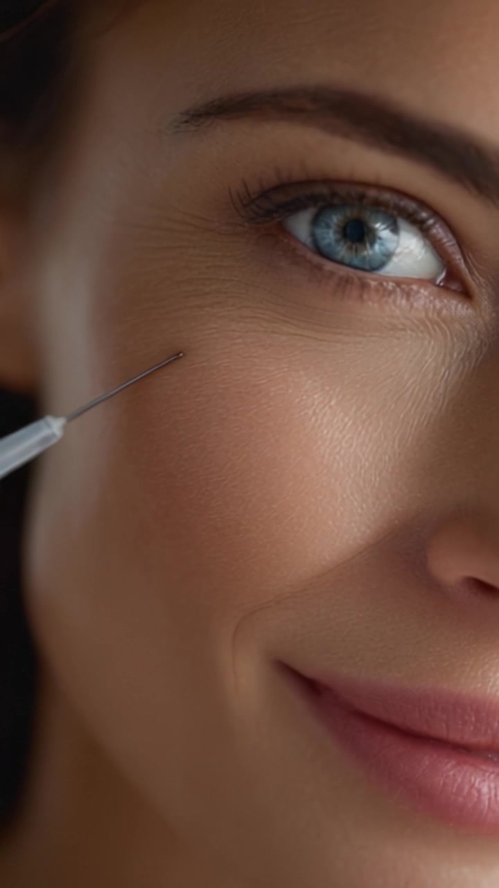 Primo piano dell'occhio e del sorriso accattivanti di una donna, che mostra la bellezza naturale e le espressioni sottili in un ritratto sereno e sfocato.