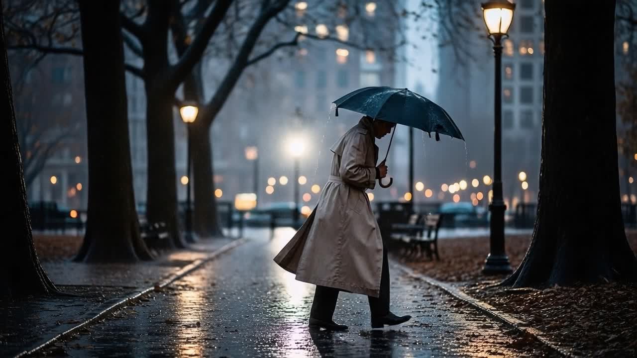 A solitary figure braves the rain with an umbrella, navigating a dimly lit park as the serene atmosphere captures the essence of solitude amid nature's wet embrace