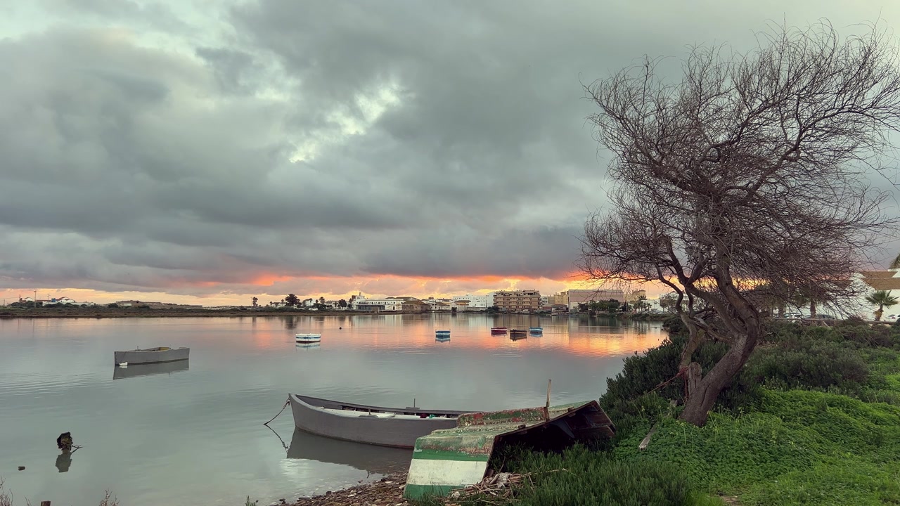 İspanya, Endülüs, Barbate'de, Barbate Nehri Üzerinde Şafakta Dinlenen Balıkçı Tekneleri, Bulutlu Gökyüzü Altında Gün Doğumunun Renkli Yansıması ve Sağda Çıplak Bir Ağaçla