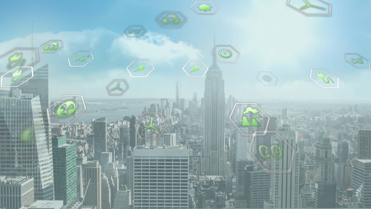 도시 풍경 위의 데이터 처리 애니메이션