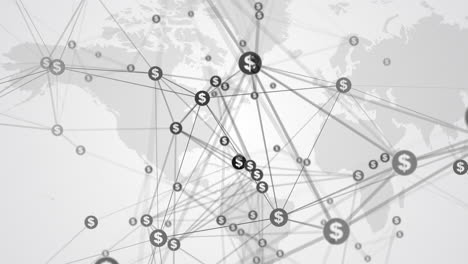 Abstract movement of dollar icons connected by lines on white world map background. Looped business animation with blurred geometric polygonal elements.