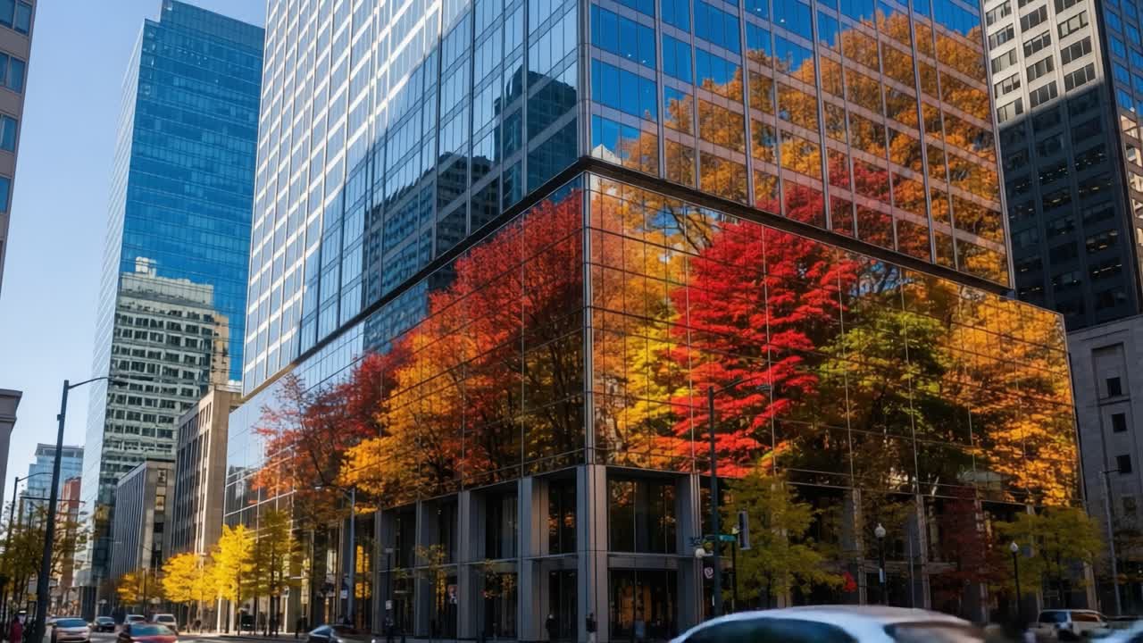 Autumn Reflections: A Stunning Display of Fall Colors in Urban Architecture Captured in Two Frames Showcasing Vibrant Trees and Modern Glass Buildings