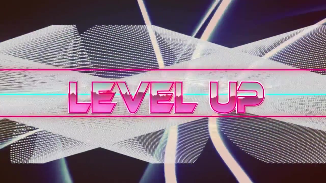 Transizioni video ipnotiche da linee luminose a testo 'level up' con effetto glitch e forme geometriche.