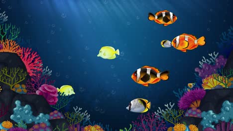 animated fish exploring a vibrant coral reef.