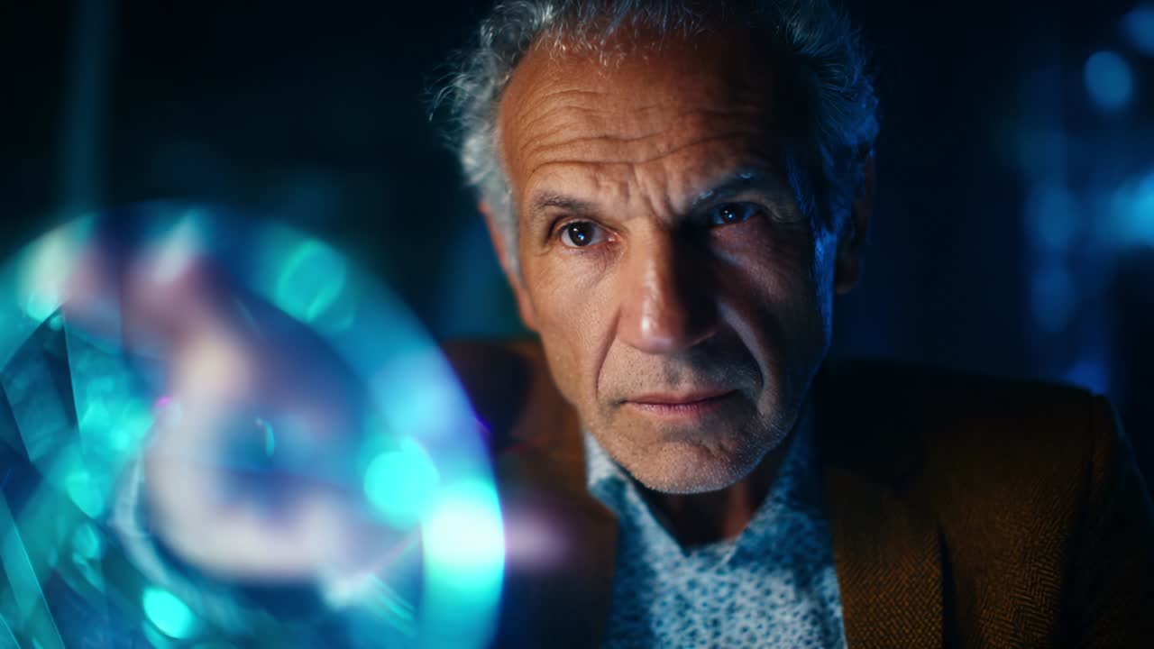 An Intense Moment of Discovery: A Focused Individual Examines a Glowing Circular Object, Illuminating Profound Curiosity and Fascination in a Dimly Lit Environment, Capturing the Essence of Scientific Exploration