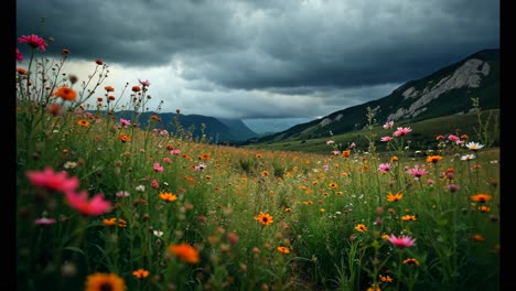 colorful wildflower field under stormy sky