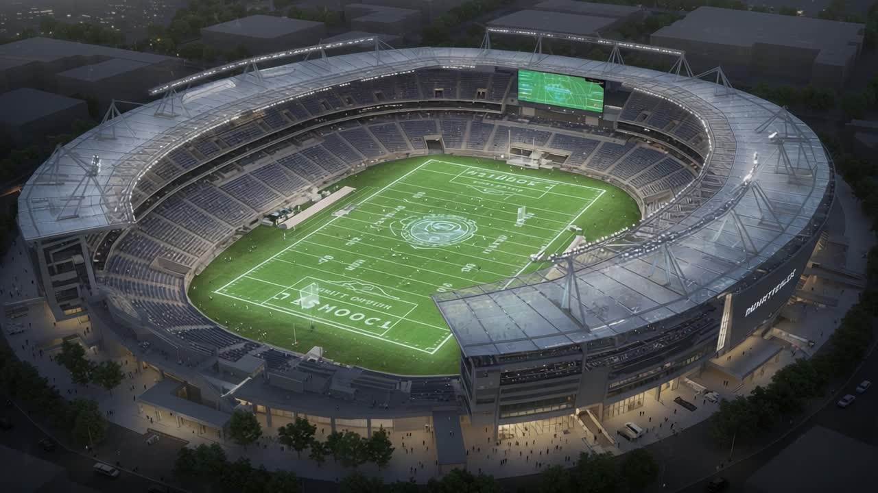 Aerial View of a Modern Stadium with Illuminated Field and Spectator Seats, Showcasing the Architecture and Design Elements at Night