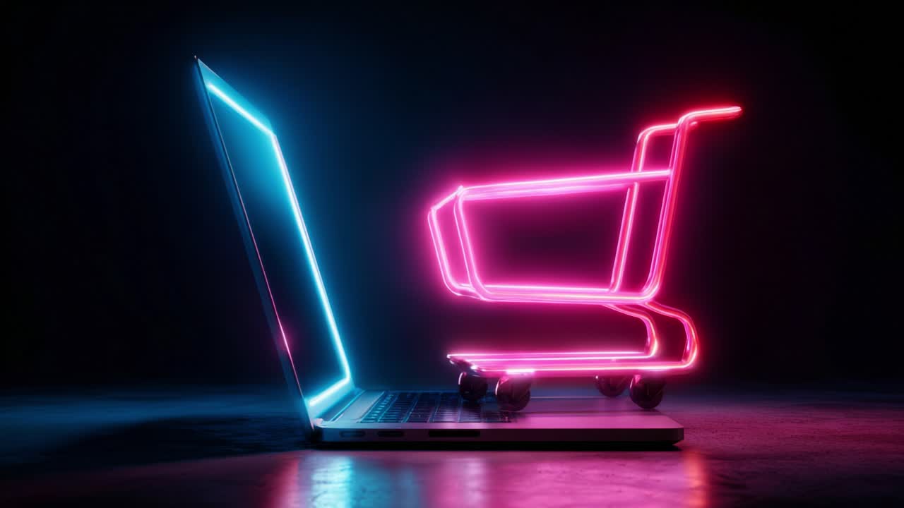 Digital Shopping Revolution: A Neon Shopping Cart Emerges from a Laptop, Symbolizing the Rise of E-Commerce and Online Retailing in the Modern World of Technology