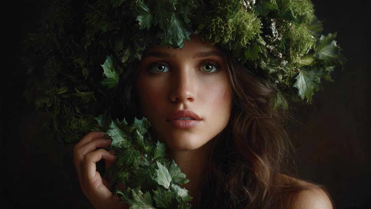 Ritratto di serenità: una giovane donna adornata con una lussureggiante corona verde, che enfatizza la bellezza della natura e la grazia femminile con una luce soffusa ed eterea