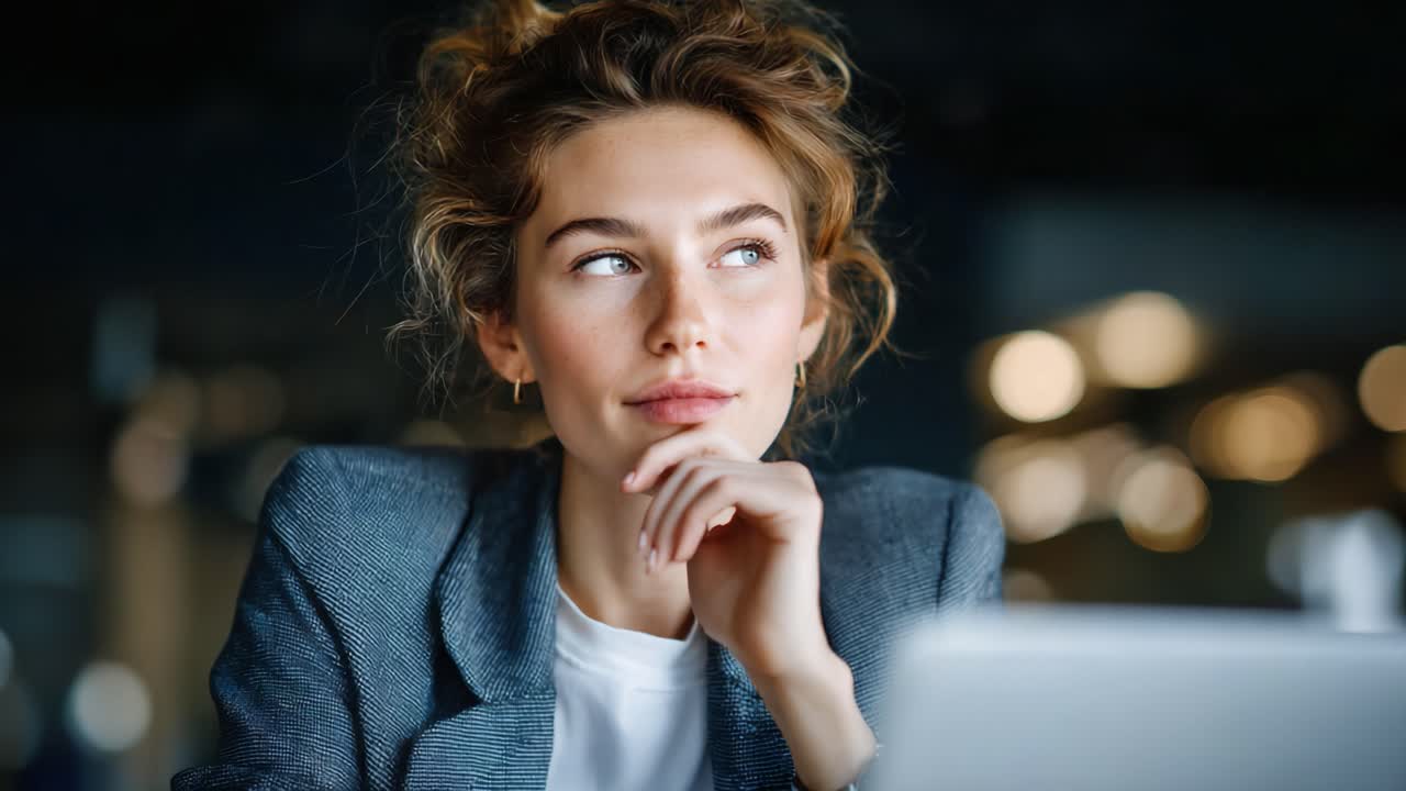 Contemplative Moment: A Young Woman Deep in Thought While Working on a Laptop in a Bright and Modern Workspace, Capturing an Essence of Focus and Reflection