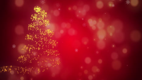 snowflakes falling on glowing christmas trees against glowing spots on red background